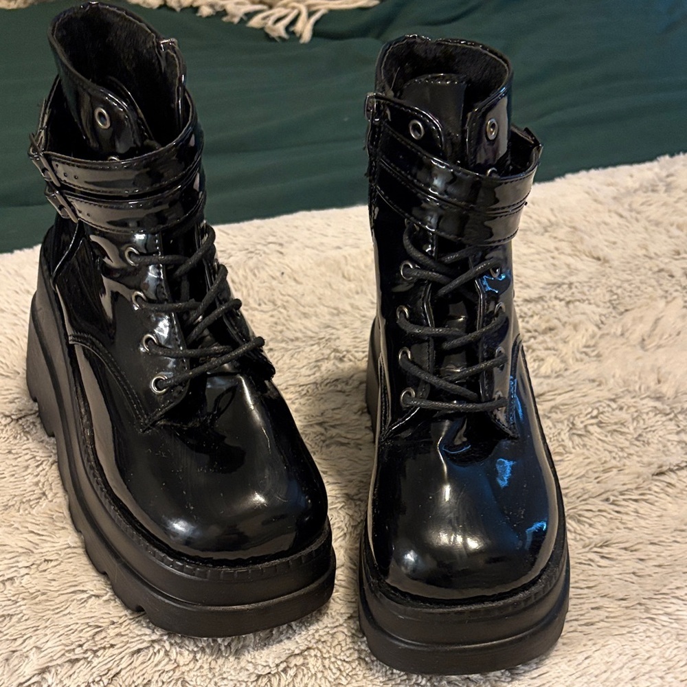 Black Patent Platform Combat Boots - Women's - Picture 3 of 6